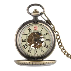 Vintage bronze mechanical pocket watch featuring Roman numerals skeleton dial and sturdy chain.