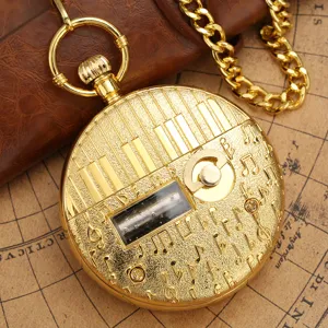 Vintage Gold Tone Piano Music Pocket Watch Mechanical Quartz Timepiece with Chain Gift