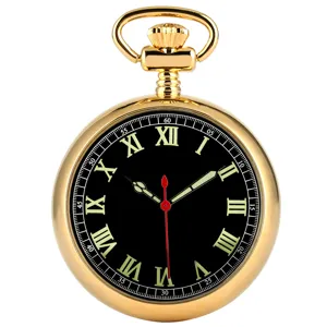 Classico orologio da tasca dorato con quadrante nero e numeri romani luminosi.