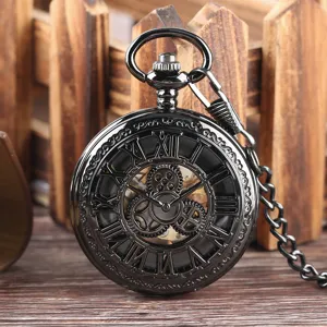 Classic mechanical pocket watch with hollow gear design and Roman numerals, vintage style.