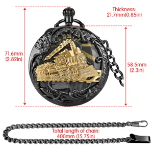 Detail view of retro steam locomotive pocket watch with music box and chain specs.