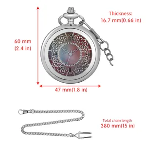Silver hollow quartz pocket watch detail view with ornate floral dial and matching chain.