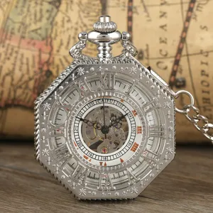 Silver vintage mechanical pocket watch detail, octagonal skeleton dial with Roman numerals.