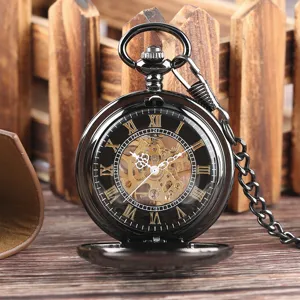 Vintage black skeleton mechanical pocket watch with Roman numerals and chain for men.