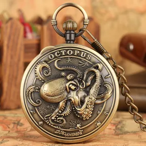 Vintage bronze quartz pocket watch with embossed octopus design and music movement detail.