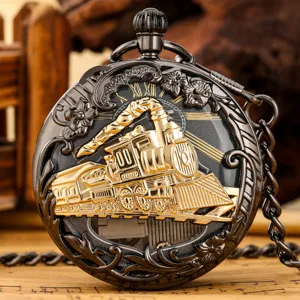 Vintage steam locomotive quartz pocket watch with music box function and carved case.