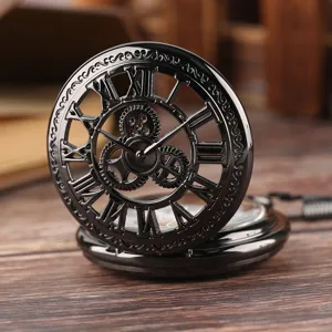 Vintage skeleton mechanical pocket watch with Roman numerals and visible gears in black.