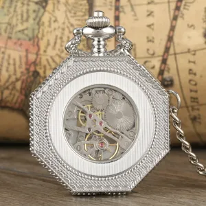 Vintage silver mechanical pocket watch with octagonal skeleton dial and carved case.