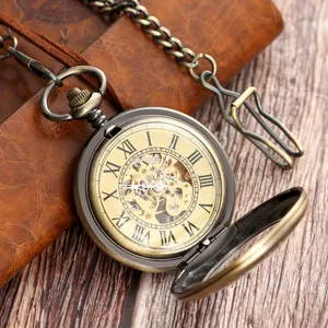 Vintage mechanical pocket watch with Roman numerals skeleton dial bronze chain retro design