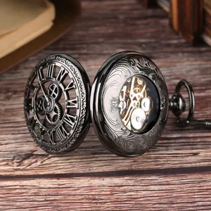 Vintage mechanical pocket watch with hollow gear design and classic Roman numerals.