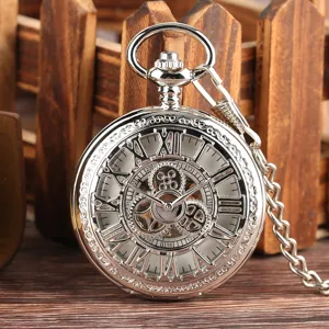Silver mechanical pocket watch with Roman numerals and skeleton gear design for vintage style.