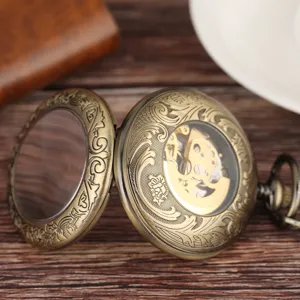 Vintage hollow carved mechanical pocket watch detail, bronze antique flip cover design.