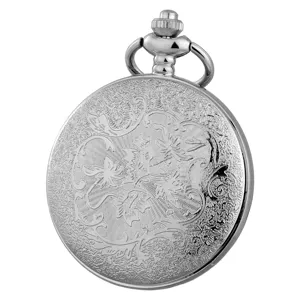Silver vintage quartz pocket watch with exquisite floral engraved pattern and classic crown loop.