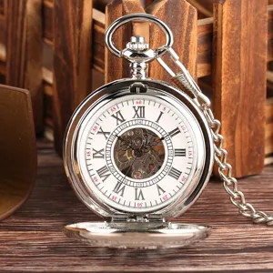 Silver mechanical pocket watch featuring skeleton gear dial and classic Roman numerals.
