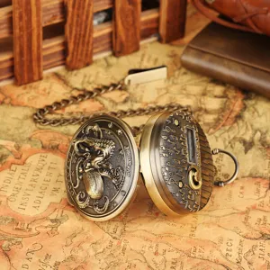 Vintage bronze quartz pocket watch with 3D octopus relief and music box mechanism design.