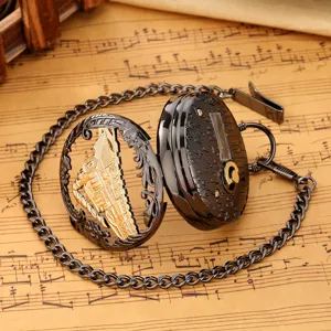 Vintage hollow locomotive mechanical pocket watch with chain retro quartz music box pendant