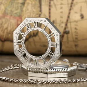 Detailed shot of silver mechanical pocket watch with octagonal hollow Roman design.
