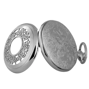 Silver hollow carved quartz pocket watch with vintage floral engraved pattern for men women