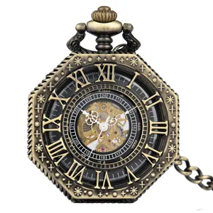 Vintage octagonal skeleton mechanical pocket watch with Roman numerals and bronze chain.