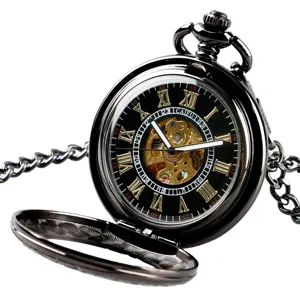 Vintage black mechanical pocket watch featuring a skeleton dial and classic Roman numerals.