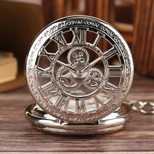 Detailed view of a silver skeleton mechanical pocket watch with classic Roman numerals.