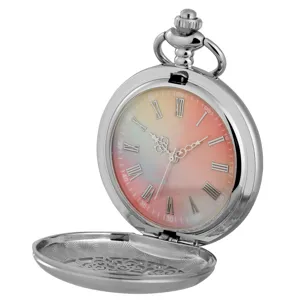Silver vintage quartz pocket watch with colorful gradient Roman numeral dial and open face.