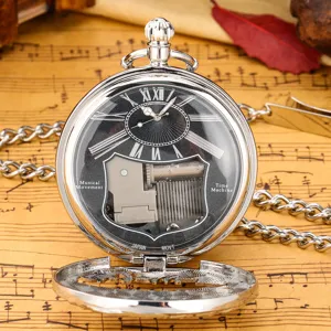 Vintage silver mechanical pocket watch with musical movement roman numerals and chain for men.