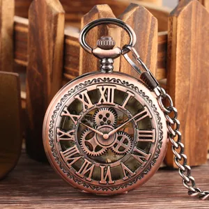 Vintage skeleton mechanical pocket watch with Roman numerals and gear details close up view.
