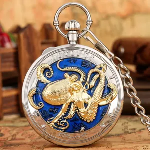 Vintage quartz pocket watch with 3D gold octopus and blue enamel dial for men women gift.