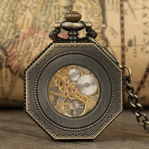 Vintage octagonal skeleton mechanical pocket watch with intricate gear design and chain.
