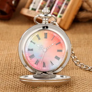 Close-up view of silver quartz pocket watch with colorful gradient Roman numeral dial and chain.