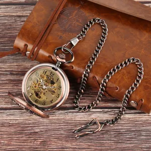 Vintage mechanical pocket watch with hollow gear design and chain, detailed macro product shot.