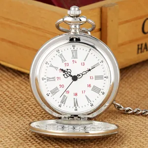 Klassiek zilveren vintage quartz zakhorloge met Romeinse cijfers, deksel en ketting.