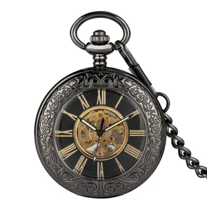 Vintage black mechanical pocket watch with carved case, skeleton dial and Roman numerals.