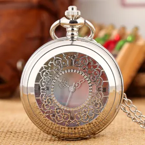 Vintage silver hollow quartz pocket watch with colorful Roman numeral dial and chain.