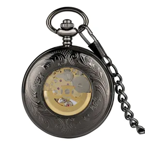 Detailed shot of a vintage black mechanical pocket watch featuring intricate floral carved case.