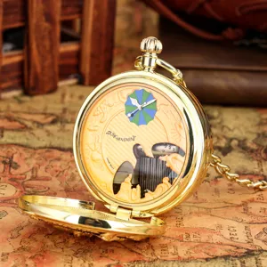 Vintage gold quartz music pocket watch with unique mechanical movement detail and chain decor.