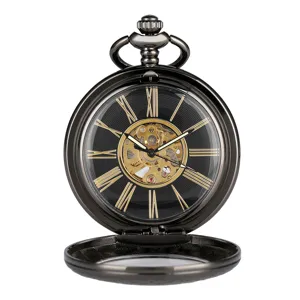 Vintage mechanical pocket watch black skeleton dial Roman numerals antique style.