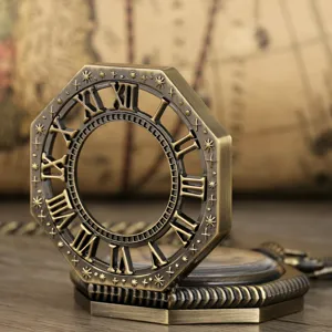 Close-up detail of vintage octagonal hollow mechanical pocket watch with roman numeral dial.