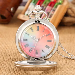 Vintage silver pocket watch with colorful gradient dial and classic Roman numerals.