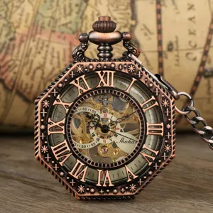 Vintage bronze mechanical pocket watch with octagonal skeleton Roman numerals dial and chain.