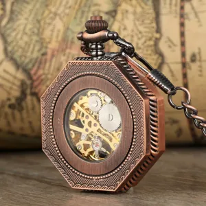 Vintage bronze mechanical pocket watch with skeleton dial and detailed chain design.