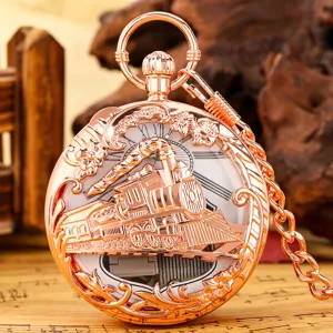 Vintage rose gold steam train quartz pocket watch with music box mechanical hollow dial