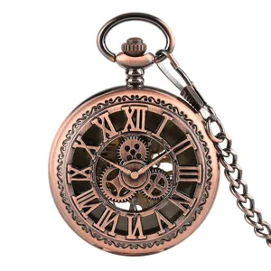 Vintage Hollow Mechanical Pocket Watch Retro Gear Roman Numerals Dial Manual Wind Pocket Watch With Chain