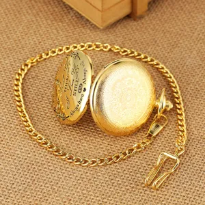 Vintage gouden kwarts zakhorloge met ketting, gegraveerd citaat in de deksel, leuk cadeau.