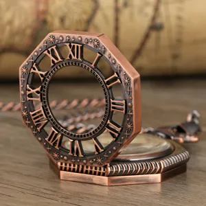 Vintage bronze octagonal mechanical pocket watch detail, hollow roman numeral cover design.