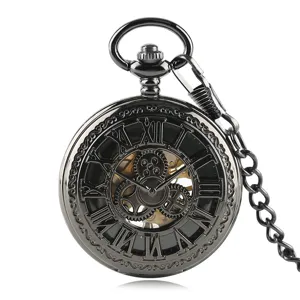 Vintage mechanical pocket watch with Roman numerals and skeleton gear design main view.