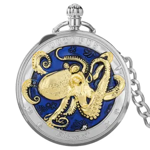 Vintage quartz music pocket watch with stunning gold octopus relief design on blue enamel finish.