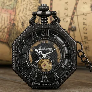 Vintage black octagonal mechanical pocket watch with Roman numerals and skeleton dial.