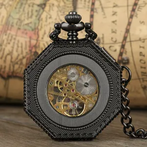 Vintage black octagonal skeleton mechanical pocket watch with chain for men and women detail view